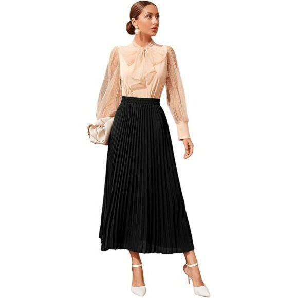 Womens Pleated Long Skirt High Waist Solid Maxi Skirt Casual Flowy Work Skirt - Picture 4 of 6